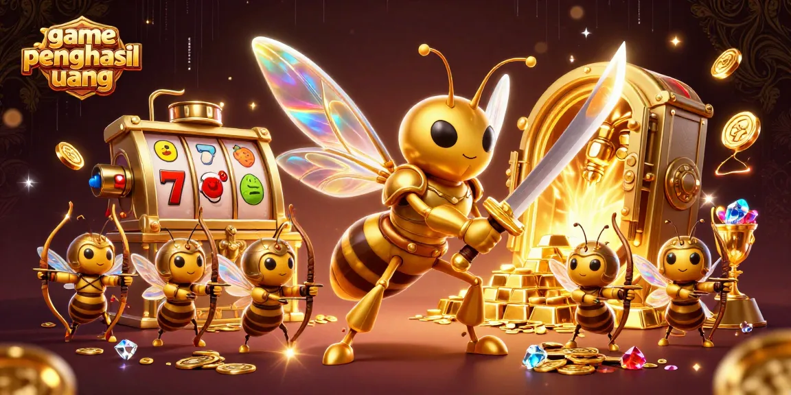 Permainan game penghasil uang menggambarkan hornet raksasa bertema kasino dengan banyak harta karun.
