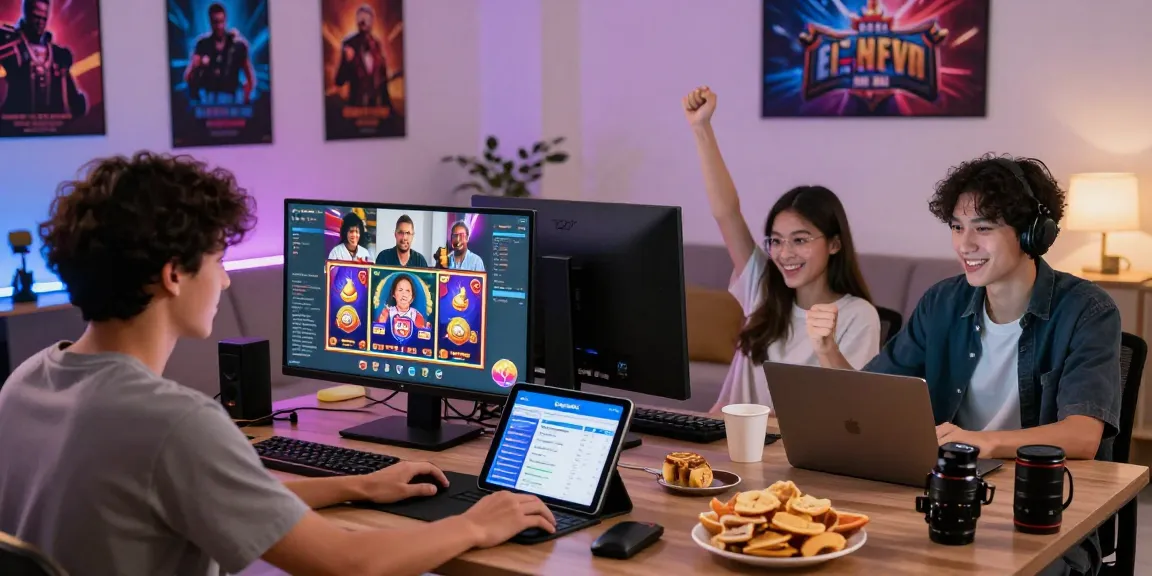 Players enjoying online games and slots on ngamenjitu, celebrating wins with friends in a cozy atmosphere.