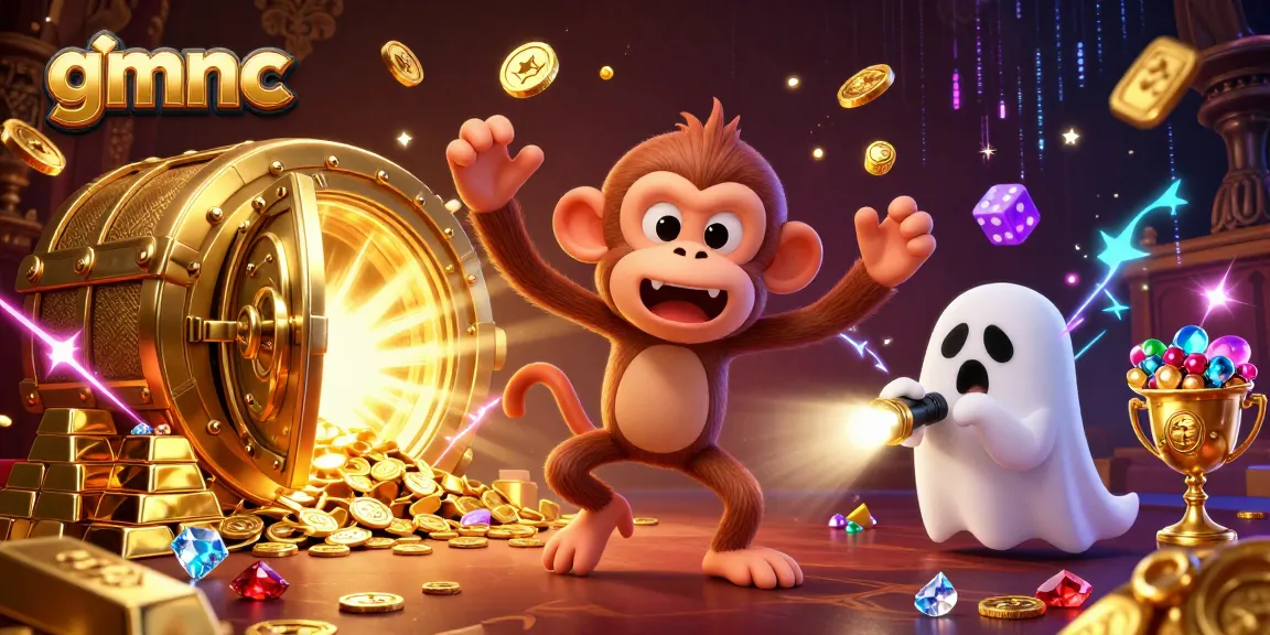 The chaotic scene showcases the gmnc-themed monkey juggling casino treasures while a puppy explores a haunted casino adventure.