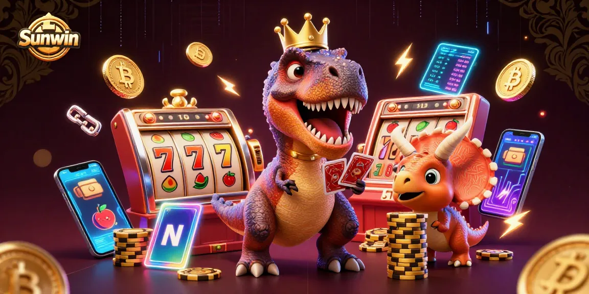 Experience thrilling gameplay with Sunwin, featuring card games and golden chips stacked by characters in a vibrant casino setting.