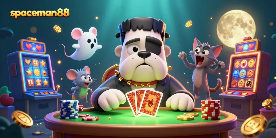 Experience thrilling gameplay at spaceman88 with a 3D cartoon character dealing cards in a casino.