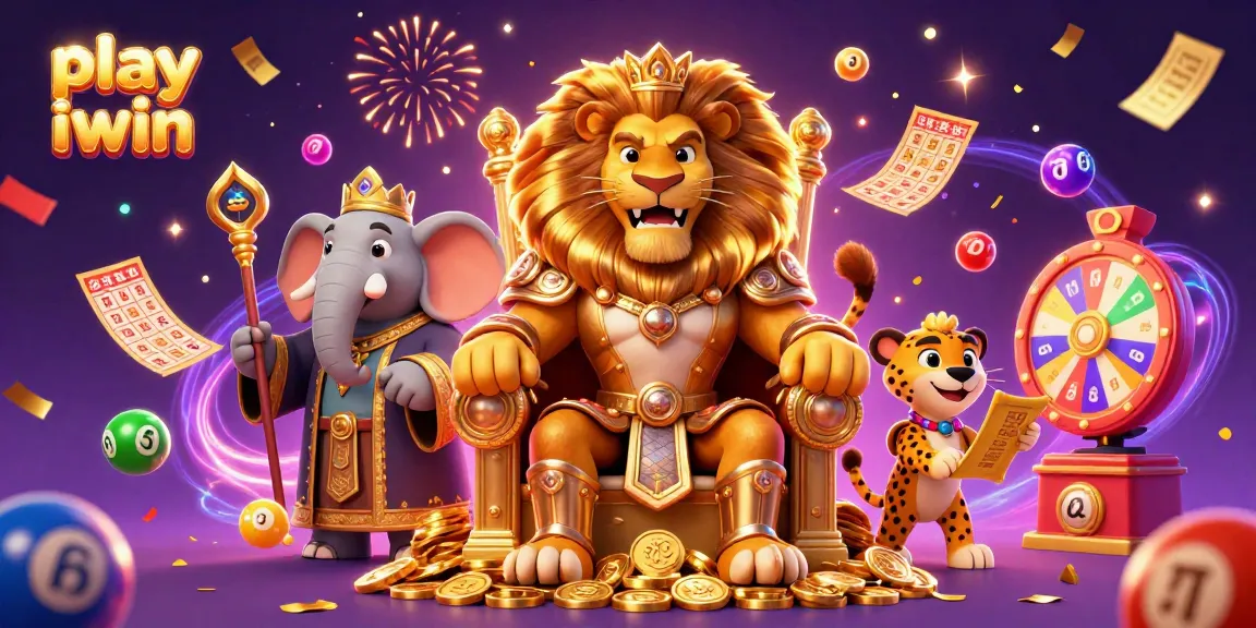 Play iwin in a vibrant casino scene featuring a lion king, elephant advisor, and cheetah messenger.