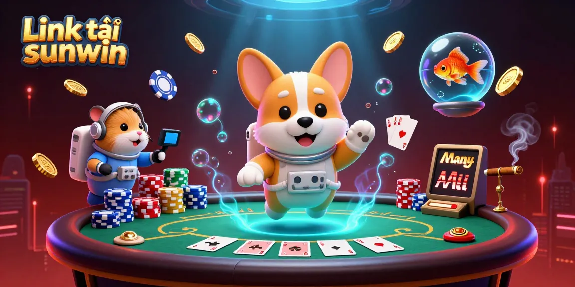 Engage with Link tải sunwin while a cartoon astronaut corgi floats in a vibrant casino space, surrounded by gambling elements.