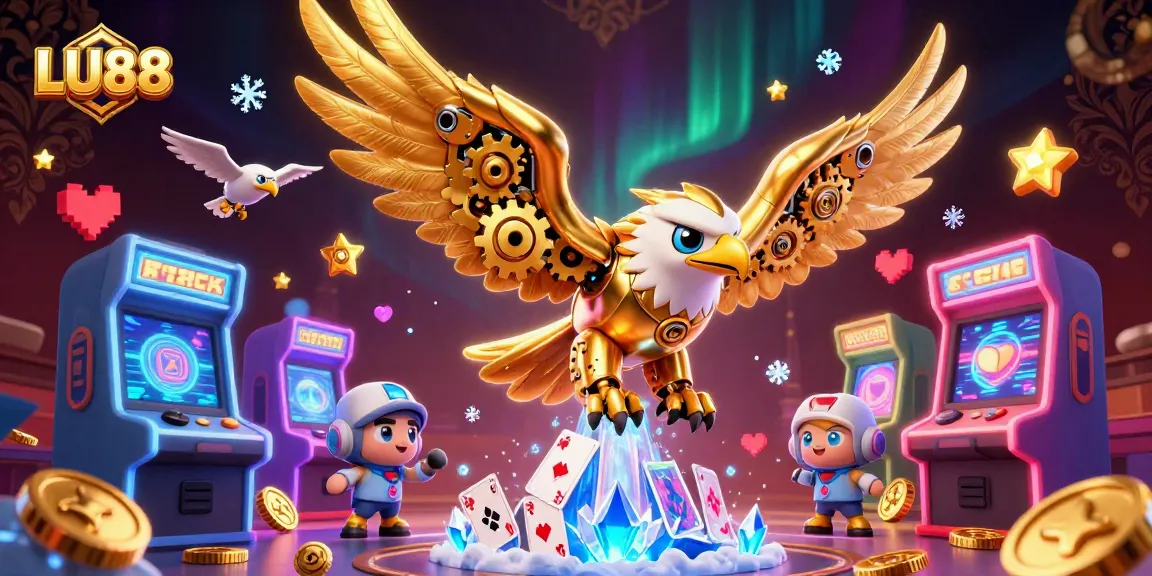 Experience LU88's thrilling games with a cybernetic eagle soaring through a cascade of holographic cards.