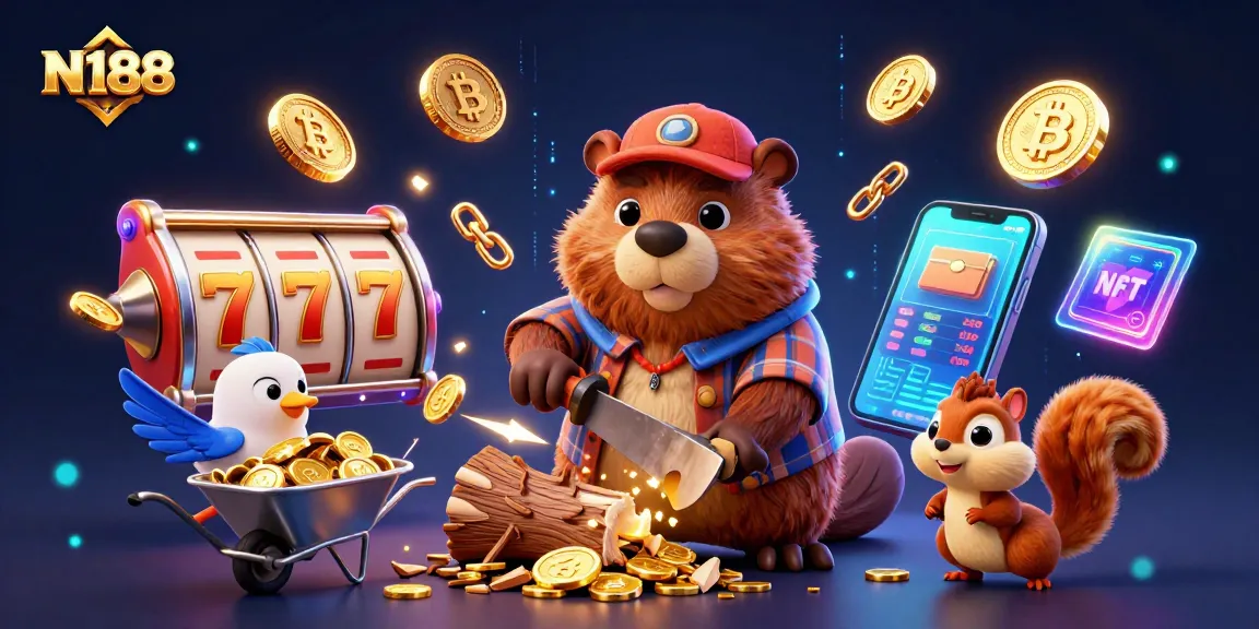 N188 players engaging with vibrant slots and golden coin rains in a whimsical gaming landscape.
