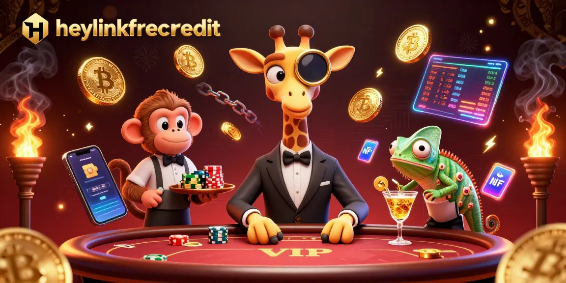 Experience heylinkfreecredit in a vibrant 3D casino scene with unique characters and cryptocurrency elements.