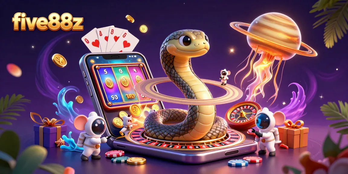 Engage with five88z in this vibrant cosmic casino scene featuring a Saturn ring roulette wheel and playful astronaut mice.