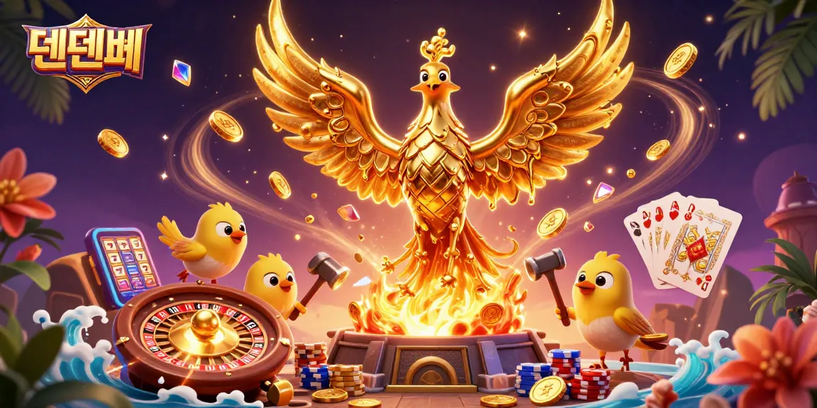 Experience exciting gaming moments at 텐텐벳 with detailed 3D illustrations of golden phoenix and casino elements.