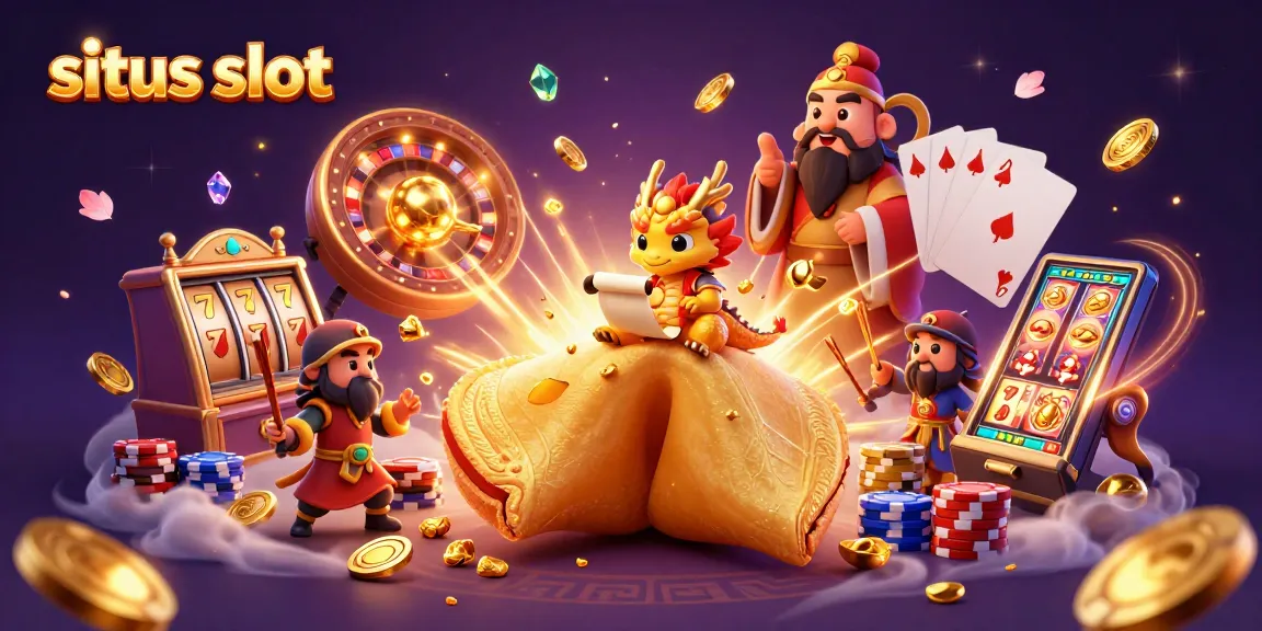 Experience situs slot excitement with dynamic 3D cartoon illustration showcasing golden jackpots, spinning reels, and festive elements.