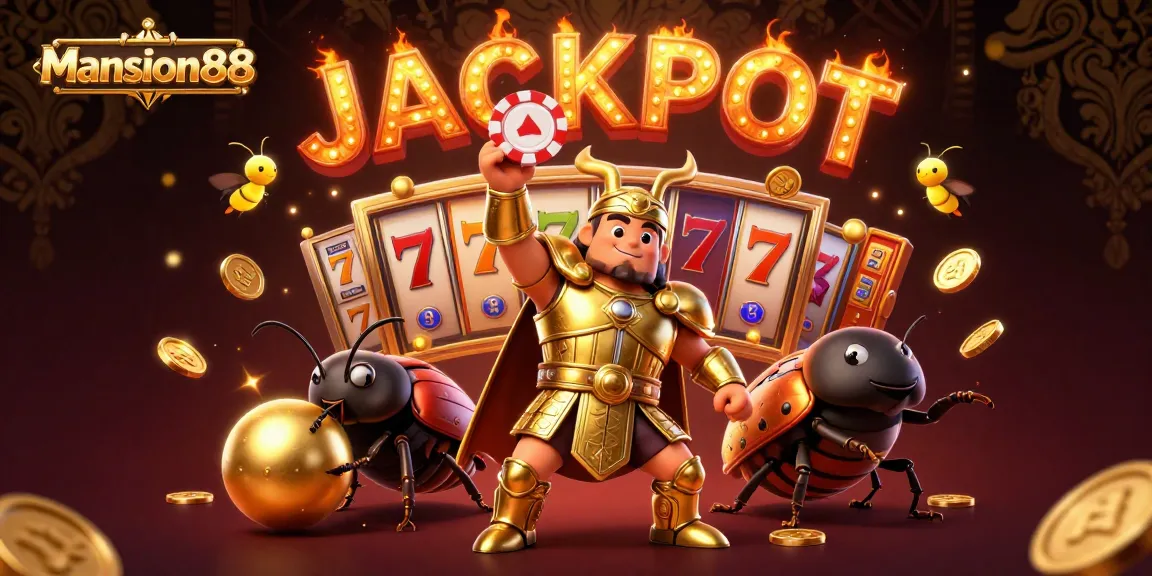 Mansion88 brings excitement as hercules beetle celebrates a casino victory with gold coins and slot reels.