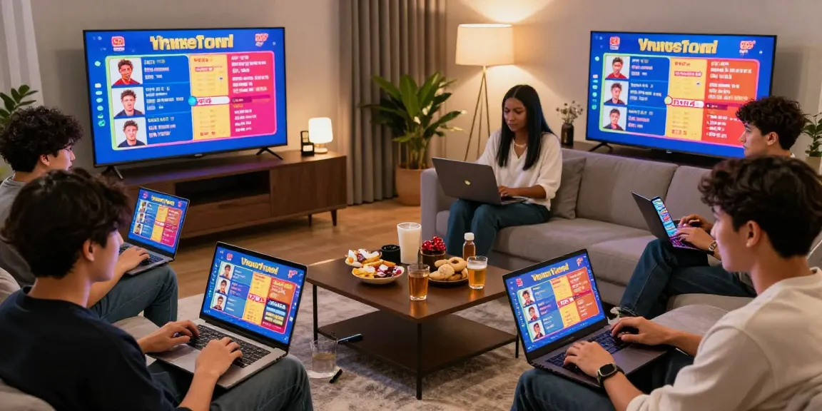 Players enjoying togel online gaming on multiple devices in a vibrant living room setting.
