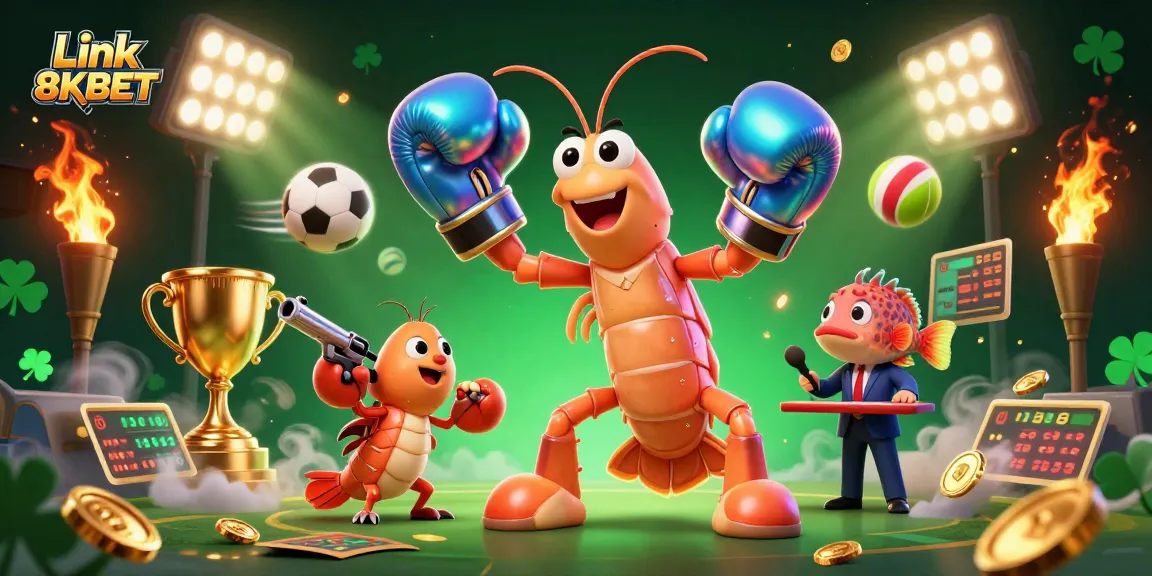 Experience thrilling gaming action at Link 8KBET with dynamic characters and sports elements in this vibrant illustration.