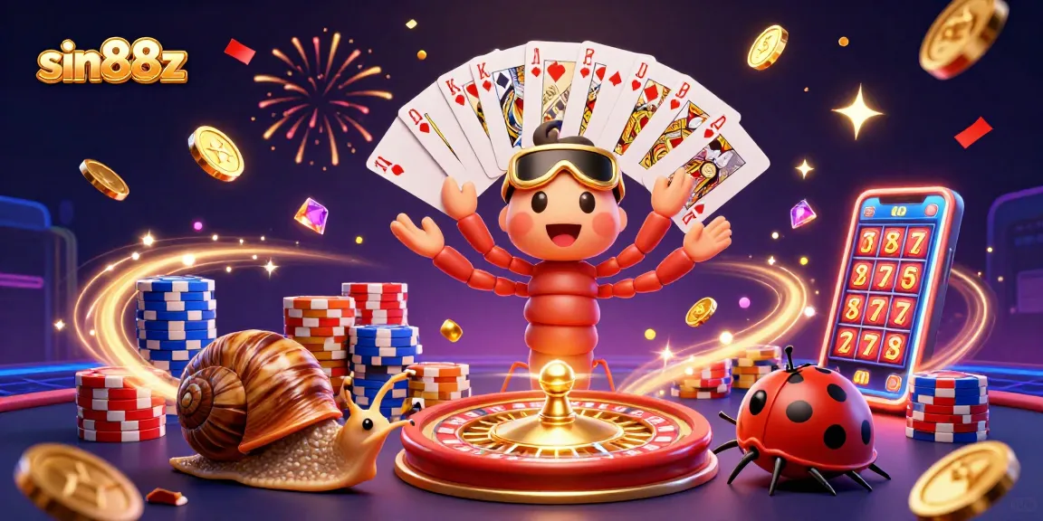 Experience thrilling wins at sin88z with a lively 3D casino scene featuring a millipede dealer and vibrant game elements.