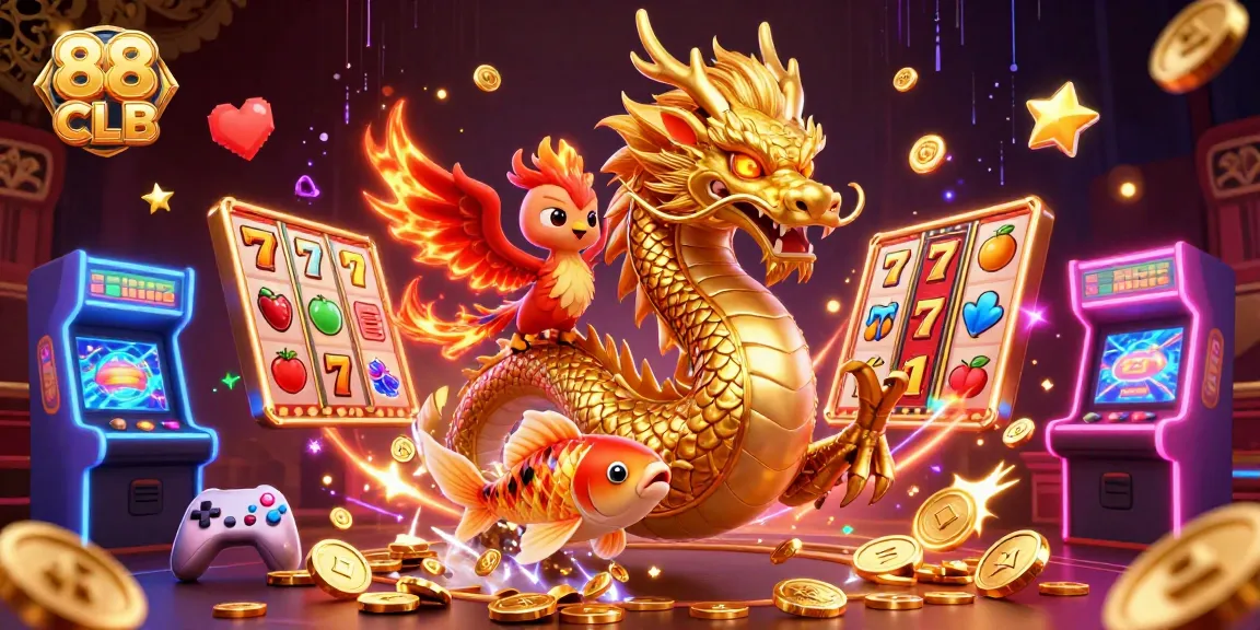 Experience winning thrills at 88 CLB with golden dragon and spirited phoenix in vibrant casino scene.