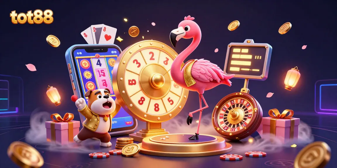 Win exciting prizes at tot88 with a vibrant 3D casino game show scene featuring dynamic characters.