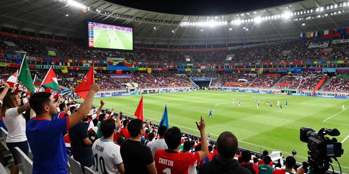 شاهدة مباريات كأس العالم بث مباشر as excited fans cheer in a packed stadium during a live soccer match.