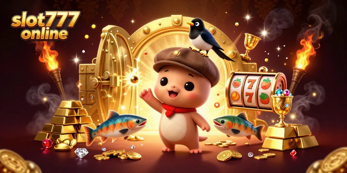 Play slot777 online with dazzling gold and gems in this vibrant cartoon gaming scene