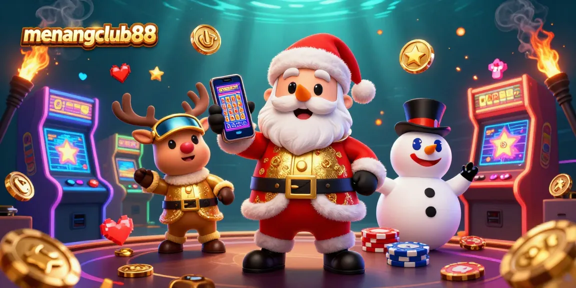 Engage in thrilling slots with menangclub88 at a vibrant casino scene featuring Santa, a reindeer dealer, and a poker chip snowman.