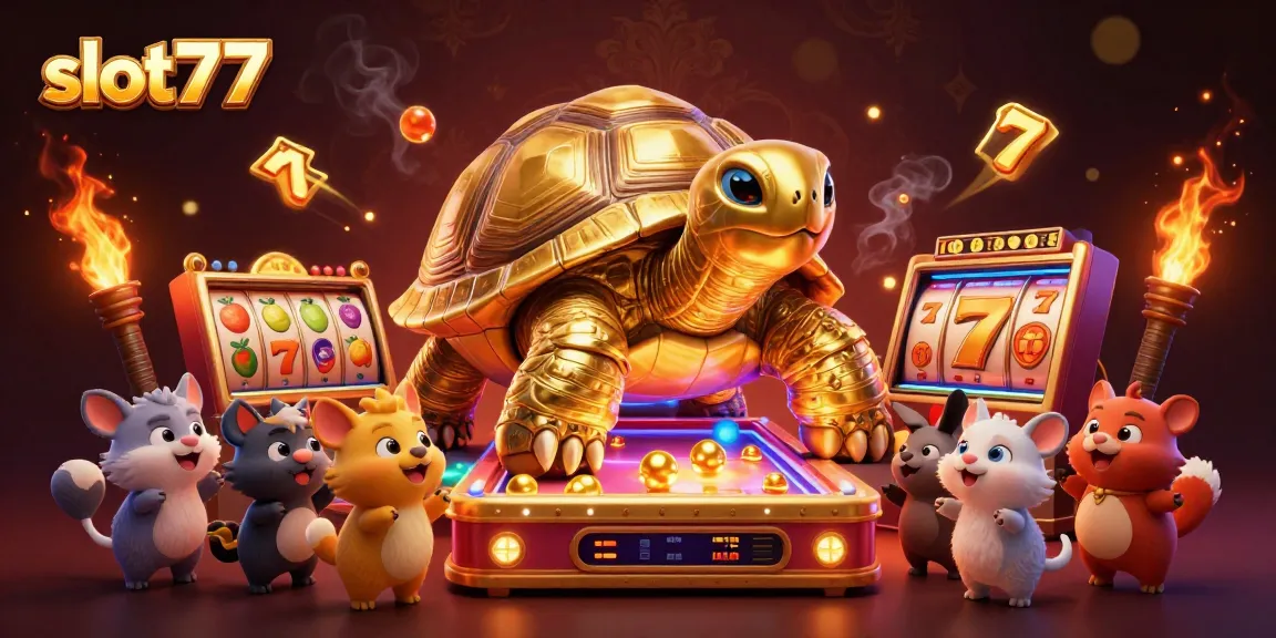 Play slot77 with vibrant elements, including a colossal golden tortoise pinball and exciting slot reels.