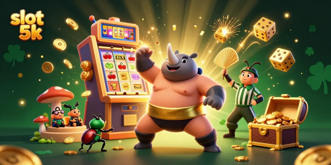 Experience the thrill of slot 5k gaming with a dynamic scene featuring a sumo champion beetle and vibrant casino elements.