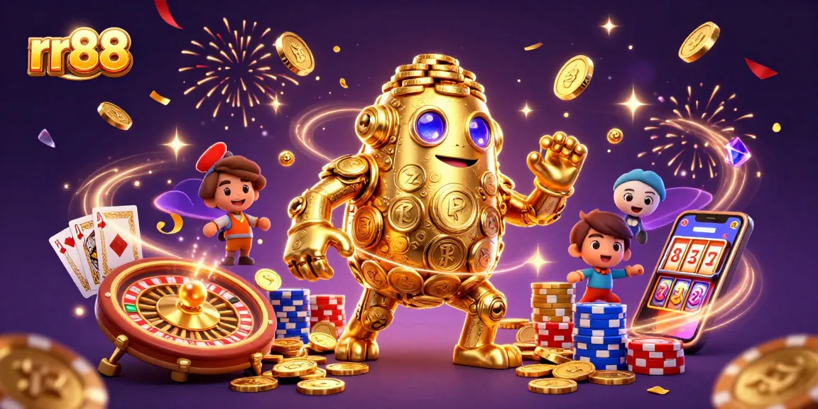 Experience the excitement of rr88 with a vibrant casino scene featuring golden golems and slot symbols.
