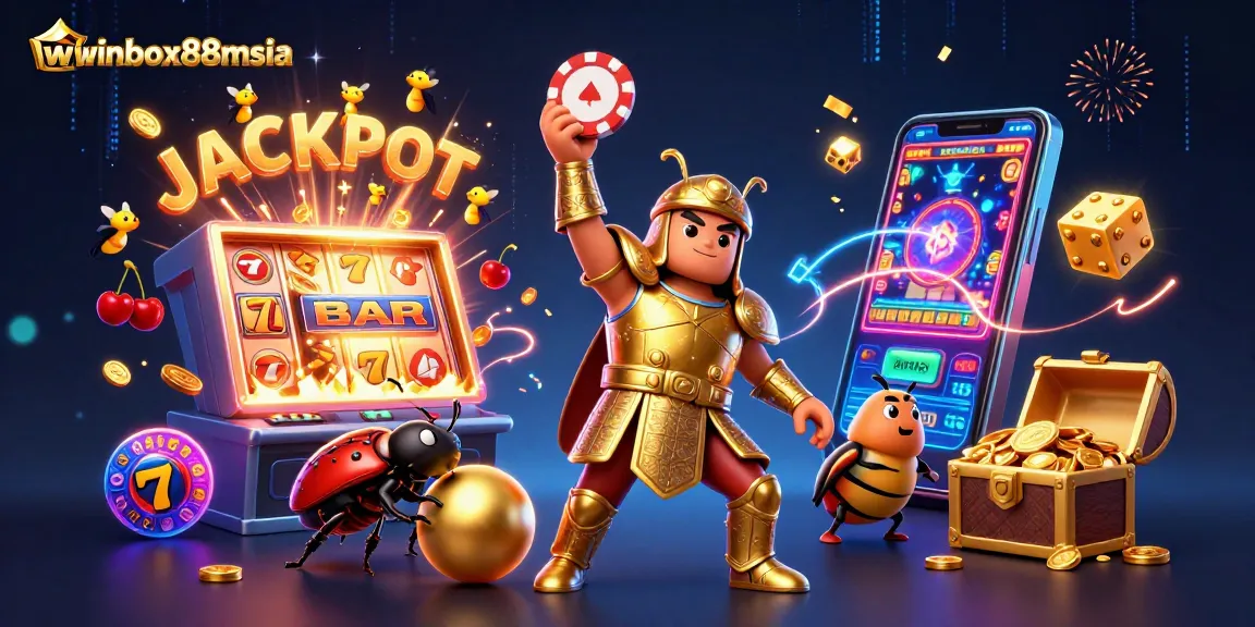 Winbox88msia jackpot scene featuring a heroic beetle, vibrant slot machine, and dynamic gaming elements.