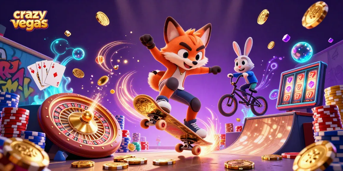 Experience crazyvegas with a skateboarder fox and BMX rabbit amid golden coins and casino symbols.