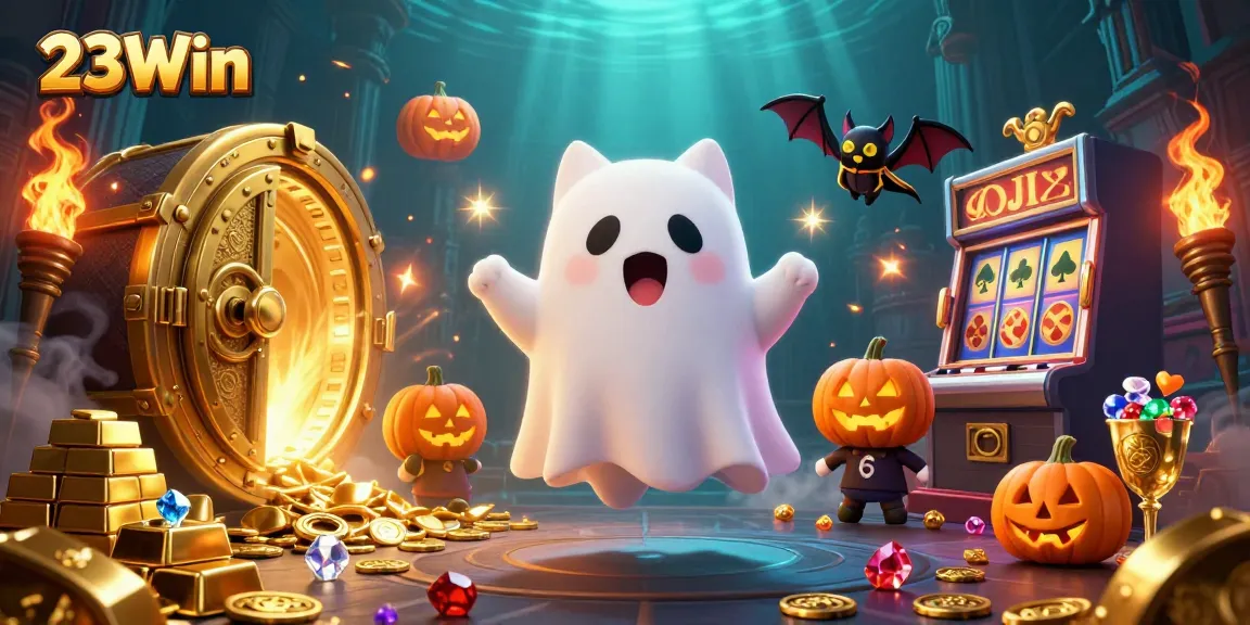 Engage in thrilling gameplay with 23Win, where a friendly ghost cat navigates a haunted casino.