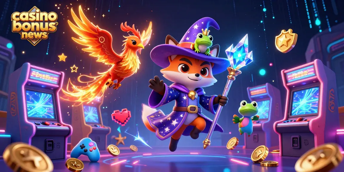 Engage with casino bonus news through vibrant 3D illustrations showcasing gaming elements and magical characters.